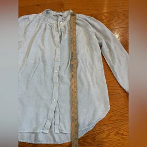 LOFT Blue Striped Ruffle Collar Button Down Coastal Blouse M thumbnail 4