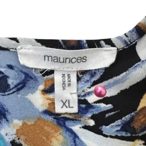 Maurices Womens XL Floral Blouse Black Blue Short Sleeve Zipper Back Top | 0135 thumbnail 4