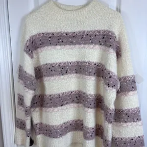 Absolutely Creative Worldwide Women's Fuzzy Striped Sweater L Cream Mauve Knit thumbnail 14