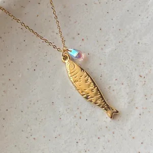 Handmade gold tone fully gold tone stainless steel fish boho funky chic necklace🌀🐟 thumbnail 7