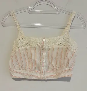 LA Hearts Lace-Trim Striped Cropped Tank Top Cream & Peach size small thumbnail 1