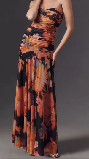 Hutch Bonnie Strapless Ruched Mesh Maxi Dress Floral Wedding Guest Large NWT thumbnail 1