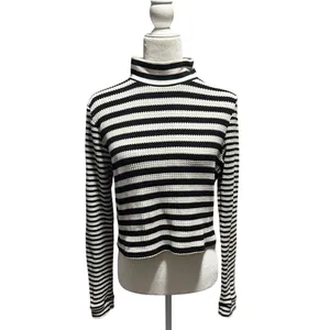 Aerie Black White Stripe Textured Waffle Knit Long Sleeve Mock Neck XL thumbnail 2