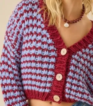 Altar’d State Chunky Knit Cropped Cardigan Blue Burgundy | NWT |‎ M thumbnail 1