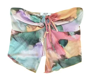 Grey Bandit Sheer Mesh Ruched Tie Front Strapless Tube Top Abstract Print Medium thumbnail 1