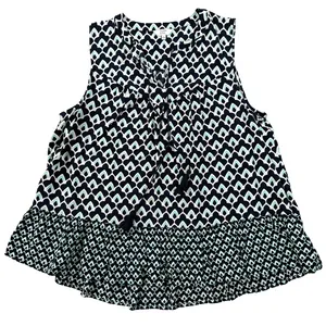 Crown & Ivy Blue Print Sleeveless Blouse Women's Large V-Neck Ruffle Hem Tassel thumbnail 1