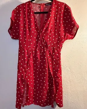 Nasty Gal Red Dress with White Heart Pattern thumbnail 1