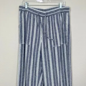 Gap Women's Medium Blue White Striped Linen Blend Wide Leg Drawstring Pants thumbnail 2