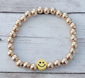 Gold Tone Stretch Bracelet with Yellow Smiley Face - Happy Theme thumbnail 1