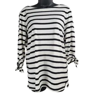 Old Navy Women's Black White‎ Striped Boat Neck Tie Sleeve Shirt Size M Cotton thumbnail 2