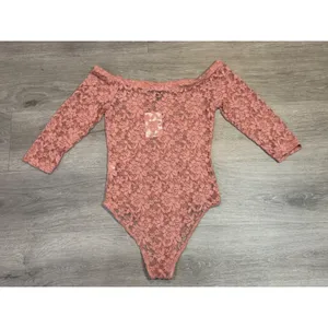 Coquette Dusty Rose Floral Lace Romantic Off Shoulder Bodysuit Sheer Y2K Small thumbnail 3