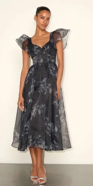 NWT Lulus Mesmerizing Mood Black Floral Organza Ruffled A-Line Midi Dress Sz XXL thumbnail 1
