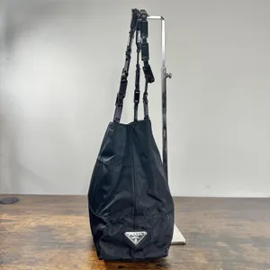 Prada Tessuto Nylon Shoulder Bag Medium Black Leather Strap Italy Logo Hardware thumbnail 6
