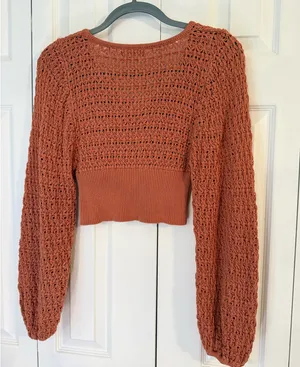 Altar'd State Crochet Knit V Neck Sweater Too Balloon Sleeve Crop XS thumbnail 3