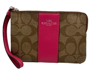 COACH Brown and Fuchsia Coated Canvas Wristlet thumbnail 1