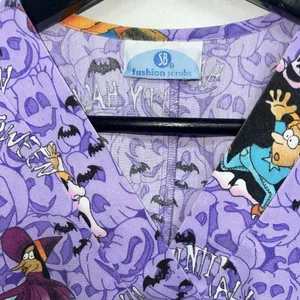 Sb Scrubs SB Fashion Scrubs Halloween Scrub Top Womens Medium Purple V-neck Pockets thumbnail 3