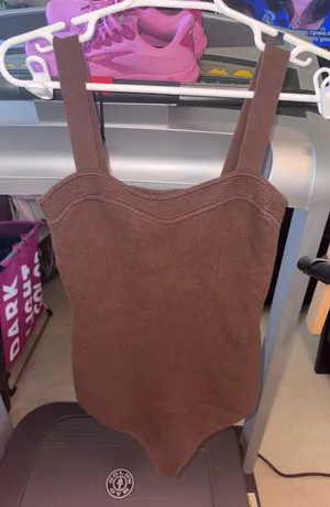 Women Brown Ribbed Knit One-Piece Bodysuit thumbnail 1