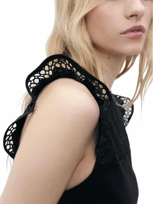 Mango Cotton Top with Lace Neckline NWT Black Small thumbnail 4