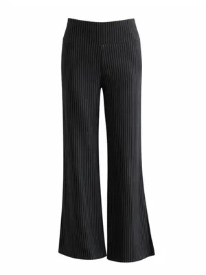 Betabrand Dress Pant Yoga Pants M Black Pinstripe High Rise Wide Leg Pull On thumbnail 2