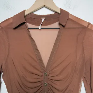 Free People Women Lucky Mesh Shirtee Top XS Brown‎ Mesh Ruched Button Up thumbnail 4