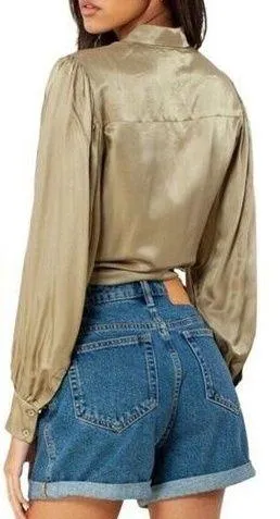 Hale Bob Satin Button Front Top Small Silk Blend Olive Puff Sleeves thumbnail 2