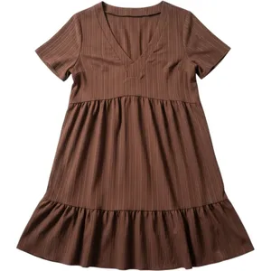 Brown V-Neck Babydoll Tiered‎ Short Sleeve Mini Dress Boho Relaxed Fit Large thumbnail 1