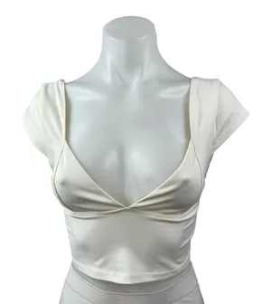 Free People Intimately Ivory Cap Sleeve Deep V Neck Open Back Y2k Crop Top Sz S thumbnail 1