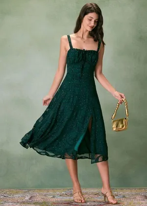 Rihoas Green Square Neck Jacquard Slit Midi Dress thumbnail 4