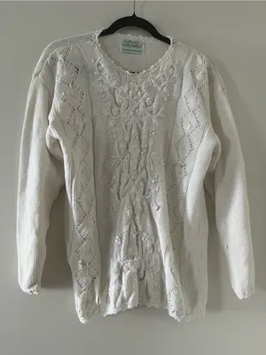 Vintage White Crochet Knit Sweater Pearl Embellished Large Cottagecore Grandma thumbnail 1