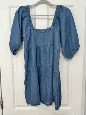 Hunter & Brown Chambray Square Neck Puff Sleeve Tiered Babydoll Mini Dress Med thumbnail 3