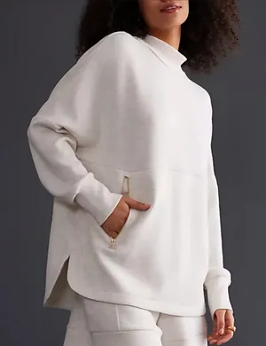 Ellie Tabari Cream Mock Neck Top Oversized Elegant Gold Zip Pullover Sweater thumbnail 1
