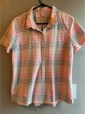 L.L.Bean Vacationland Seersucker Short Sleeve Popover Plaid Shirt Pink Green thumbnail 1