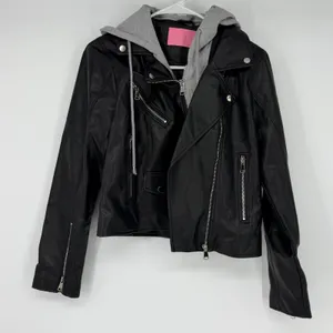 Azalea Wang Black Faux Leather Hooded Moto Biker‎ Jacket BISBONE Size M thumbnail 1