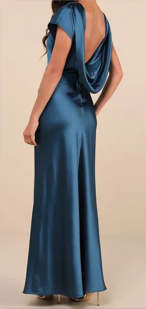 NEW Lulus Captivating Presence Dark Teal Satin Open Cowl Back Maxi Dress Large thumbnail 1