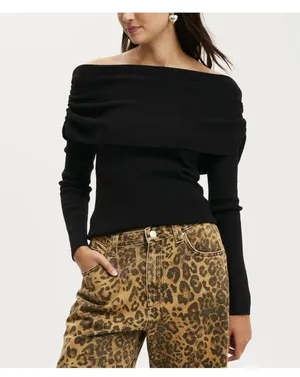 🆕 Y2K Ribbed Knit Off-Shoulder Long Sleeve Top Sexy Ruched Pullover thumbnail 3