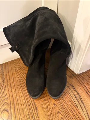 UGG Black Suede Knee-High Block Heel Boots - Women, 7, block heel thumbnail 3