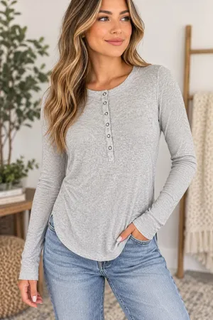 Aerie Women’s XS Gray Ribbed Long Sleeve Henley Snap Button Curved Hem Top #1800 thumbnail 1
