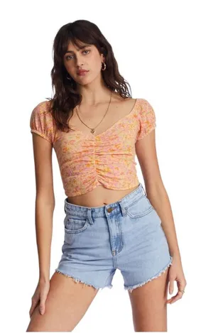 NWT Billabong Pretty Sweet Top Orange Pink Floral Crop Top Puff Sleeve Medium thumbnail 1