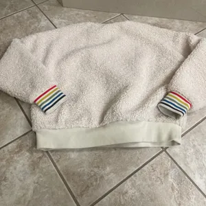 Sundry Faux Fur Sherpa Sweatshirt Cream Rainbow Striped Cuffs Size 1 Small thumbnail 3
