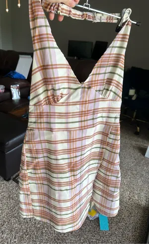 Plaid V-Neck Sleeveless Mini Dress Romper in Pink and Olive thumbnail 1