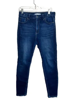 KanCan Dark Wash High Rise Stacked Waist Frayed Ankle Skinny Jeans thumbnail 1