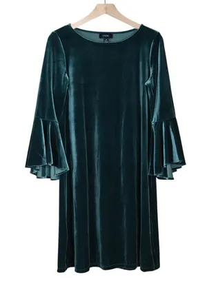 MSK Women's M Dark Green Velvet Bell Sleeve Lined Shift Dress thumbnail 1
