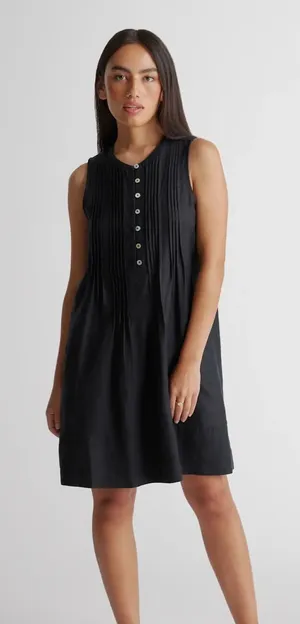 Quince Women's 100% European Linen‎ Sleeveless Swing Dress Black Pleated Summer thumbnail 1