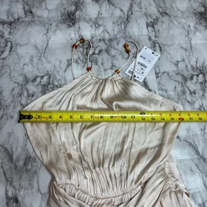 Zara Ivory Satin Effect Beaded strapless dress Size small classic side slit NWT thumbnail 9