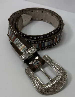 Studded Multicolor Leather Belt with Silver Buckle Brown thumbnail 1