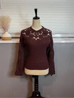 Zara Burgundy Crochet Floral Knit Sweater Wool Blend Medium thumbnail 3