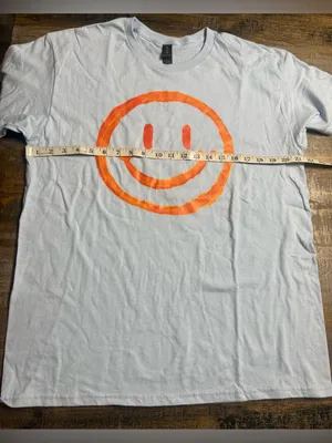 Gildan Light Blue Short-Sleeve Tee with Orange Smiley and Faith Graphic on back thumbnail 7