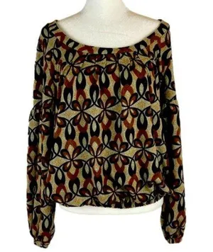 Funky People Tan Brown and Black Puff Sleeve Elastic Waist Floral Top Size XL thumbnail 1