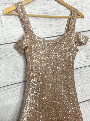 Couture Gold Sequin Sparkling Off Shoulder Formal Evening Gown Size Small Tall thumbnail 10