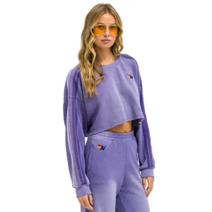 Aviator Nation - CLASSIC STRIPE CROPPED CREW SWEATSHIRT RELAXED FADED GRAPE Med thumbnail 3
